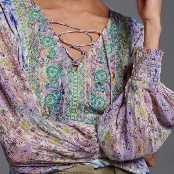 Anthropologie Odetta Embroidered Boho Top Purple Plus 1X Easter Spring Travel - Picture 2 of 11